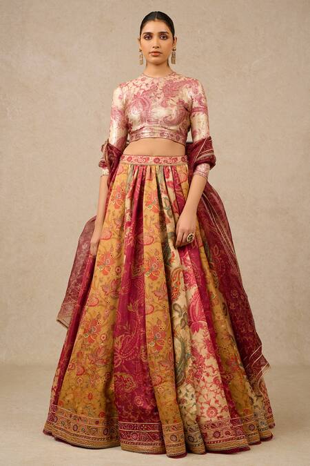 Tarun Tahiliani_Multi Color Satin, Silk, Jersey Vintage Print Panelled Bridal Lehenga Set_Online_at_Aza_Fashions
