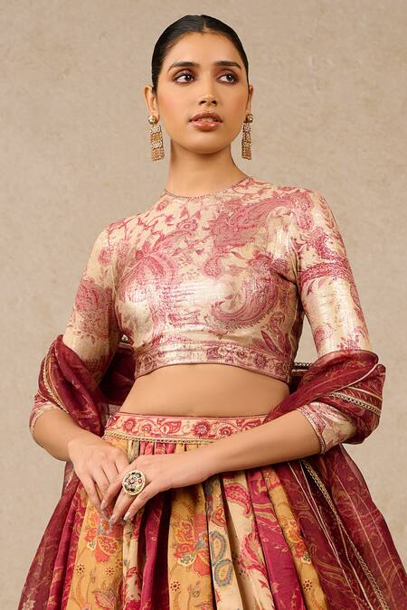 Buy_Tarun Tahiliani_Multi Color Satin, Silk, Jersey Vintage Print Panelled Bridal Lehenga Set_Online_at_Aza_Fashions