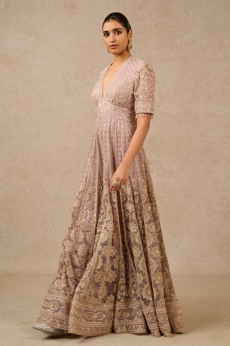 Buy Tarun Tahiliani Purple Tulle Pearls, Sequins, Embroidery Plunge Neck Floral Jumpsuit Online at Aza Fashions Buy_Tarun Tahiliani_Purple Tulle Pearls, Sequins, Embroidery Plunge Neck Floral Jumpsuit_Online_at_Aza_Fashions