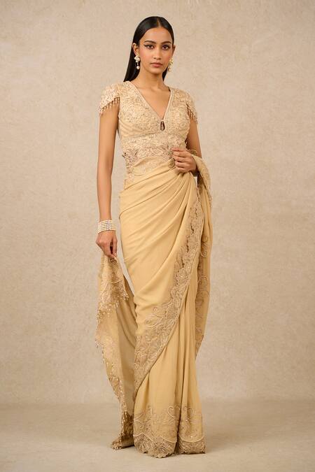 Tarun Tahiliani Gold Silk Pearls, Sequins, Embroidery Floral Cutwork Border Saree With Blouse Online at Aza Fashions Tarun Tahiliani_Gold Silk Pearls, Sequins, Embroidery Floral Cutwork Border Saree With Blouse_Online_at_Aza_Fashions