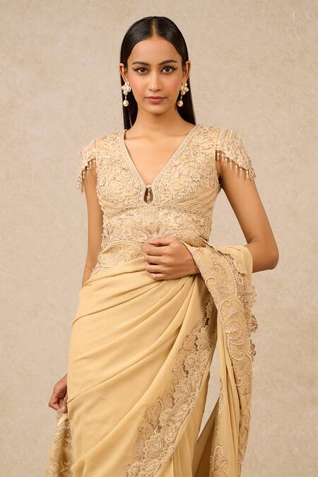 Buy Tarun Tahiliani Gold Silk Pearls, Sequins, Embroidery Floral Cutwork Border Saree With Blouse Online at Aza Fashions Buy_Tarun Tahiliani_Gold Silk Pearls, Sequins, Embroidery Floral Cutwork Border Saree With Blouse_Online_at_Aza_Fashions