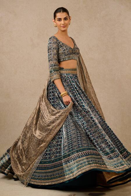 Buy Tarun Tahiliani Green Velvet, Silk Sequins, Beads, Embroidery Geometric Print Bridal Lehenga Set Online at Aza Fashions Buy_Tarun Tahiliani_Green Velvet, Silk Sequins, Beads, Embroidery Geometric Print Bridal Lehenga Set_Online_at_Aza_Fashions