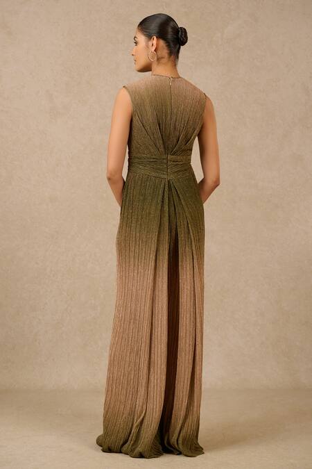 Shop Tarun Tahiliani Green Crepe Brooches Plunge Neck Ombre Metallic Panelled Jumpsuit at Aza Fashions Shop_Tarun Tahiliani_Green Crepe Brooches Plunge Neck Ombre Metallic Panelled Jumpsuit_at_Aza_Fashions