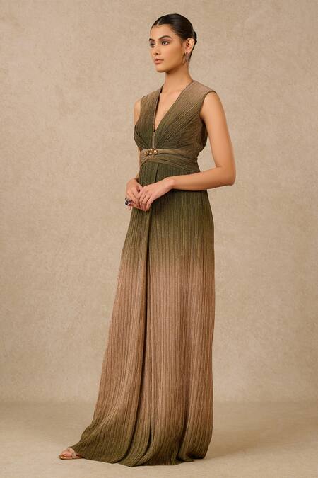 Buy Tarun Tahiliani Green Crepe Brooches Plunge Neck Ombre Metallic Panelled Jumpsuit Online at Aza Fashions Buy_Tarun Tahiliani_Green Crepe Brooches Plunge Neck Ombre Metallic Panelled Jumpsuit_Online_at_Aza_Fashions