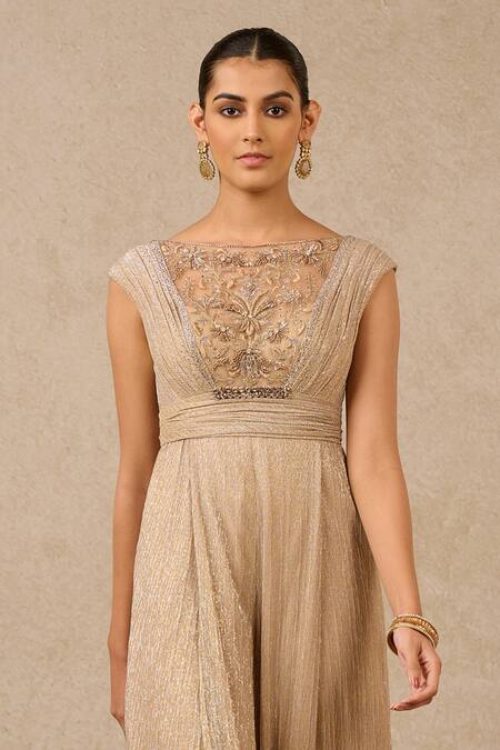 Tarun Tahiliani Beige Lurex Sequins Boat Neck Bodice Embroidered Metallic Jumpsuit Online at Aza Fashions Tarun Tahiliani_Beige Lurex Sequins Boat Neck Bodice Embroidered Metallic Jumpsuit_Online_at_Aza_Fashions