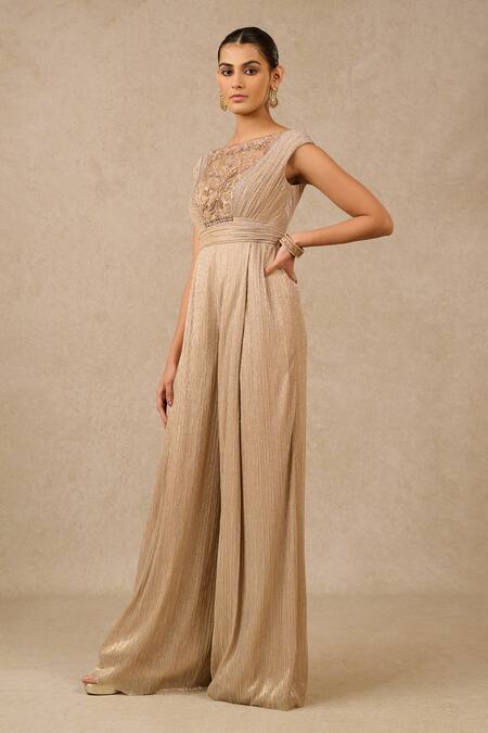 Buy Tarun Tahiliani Beige Lurex Sequins Boat Neck Bodice Embroidered Metallic Jumpsuit Online at Aza Fashions Buy_Tarun Tahiliani_Beige Lurex Sequins Boat Neck Bodice Embroidered Metallic Jumpsuit_Online_at_Aza_Fashions