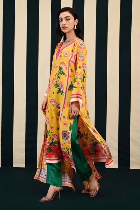 Buy Swati Vijaivargie Yellow Habutai Silk Jhumki Bloom Garden Print Kurta Pant Set Online at Aza Fashions Buy_Swati Vijaivargie_Yellow Habutai Silk Jhumki Bloom Garden Print Kurta Pant Set _Online_at_Aza_Fashions