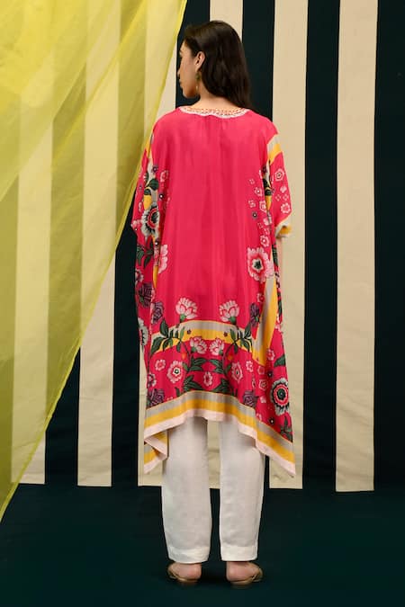 Swati Vijaivargie_Pink Silk, Linen, Satin Embroidery, Rasika Petunia Garden Print Kaftan With Pant _Online_at_Aza_Fashions
