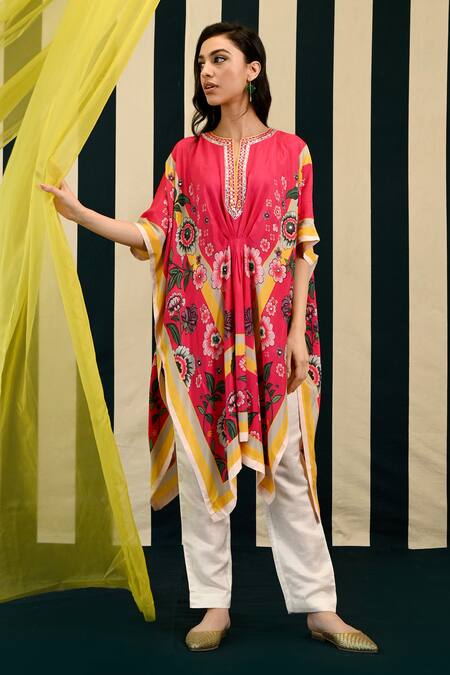 Buy_Swati Vijaivargie_Pink Silk, Linen, Satin Embroidery, Rasika Petunia Garden Print Kaftan With Pant _Online_at_Aza_Fashions