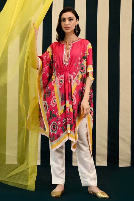 Shop_Swati Vijaivargie_Pink Silk, Linen, Satin Embroidery, Rasika Petunia Garden Print Kaftan With Pant _Online_at_Aza_Fashions
