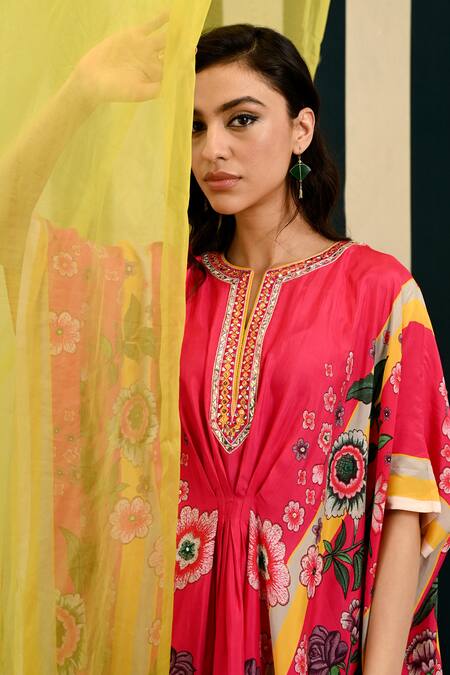 Swati Vijaivargie_Pink Silk, Linen, Satin Embroidery, Rasika Petunia Garden Print Kaftan With Pant _at_Aza_Fashions