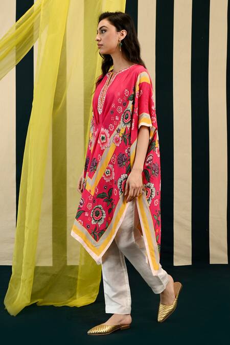 Buy_Swati Vijaivargie_Pink Silk, Linen, Satin Embroidery, Rasika Petunia Garden Print Kaftan With Pant 