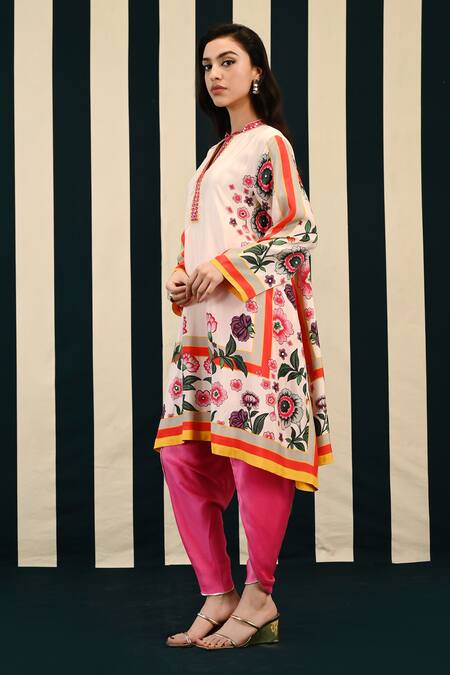 Buy Swati Vijaivargie Ivory Habutai Silk Svara Blossom Print Kurta With Dhoti Pant Online at Aza Fashions Buy_Swati Vijaivargie_Ivory Habutai Silk Svara Blossom Print Kurta With Dhoti Pant _Online_at_Aza_Fashions