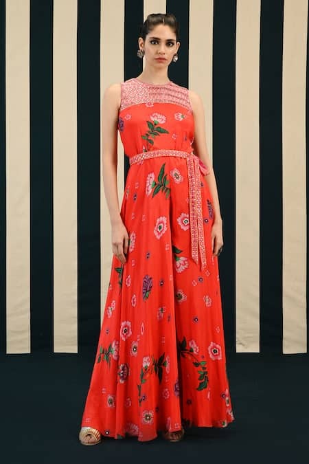 Swati Vijaivargie Red Habutai Silk Chinar Poppy Bloom Print Jumpsuit With Belt  