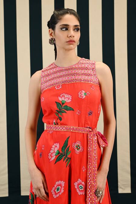 Buy_Swati Vijaivargie_Red Habutai Silk Chinar Poppy Bloom Print Jumpsuit With Belt  _Online_at_Aza_Fashions