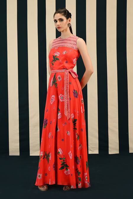 Shop_Swati Vijaivargie_Red Habutai Silk Chinar Poppy Bloom Print Jumpsuit With Belt  _Online_at_Aza_Fashions