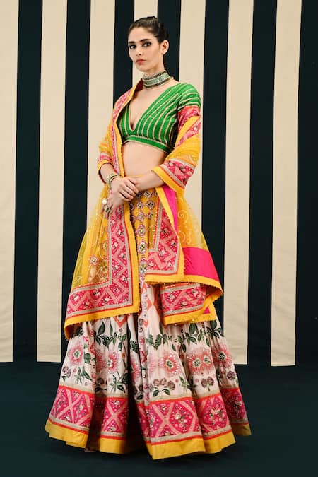 Shop Swati Vijaivargie Green Habutai Silk Tarang Mughal Garden Print Embellished Lehenga Blouse Set Online at Aza Fashions Shop_Swati Vijaivargie_Green Habutai Silk Tarang Mughal Garden Print Embellished Lehenga Blouse Set _Online_at_Aza_Fashions