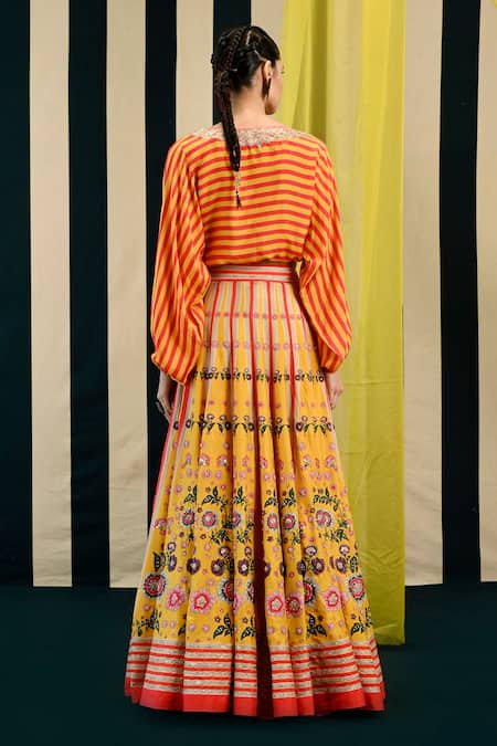 Swati Vijaivargie Yellow Silk Tarana Daffodil Bloom Print Embellished Lehenga With Crop Top Online at Aza Fashions Swati Vijaivargie_Yellow Silk Tarana Daffodil Bloom Print Embellished Lehenga With Crop Top _Online_at_Aza_Fashions