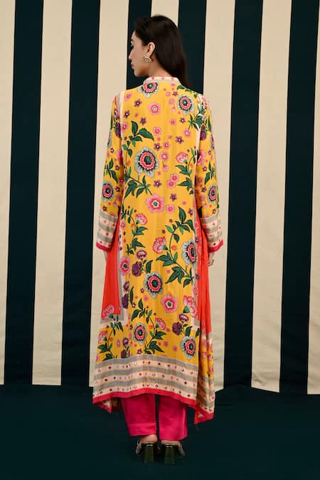 Shop Swati Vijaivargie Yellow Habutai Silk Embroidery Gauri Carnation Bloom Kurta With Pant at Aza Fashions Shop_Swati Vijaivargie_Yellow Habutai Silk Embroidery Gauri Carnation Bloom Kurta With Pant _at_Aza_Fashions