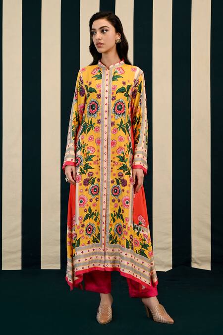 Swati Vijaivargie Yellow Habutai Silk Embroidery Gauri Carnation Bloom Kurta With Pant at Aza Fashions Swati Vijaivargie_Yellow Habutai Silk Embroidery Gauri Carnation Bloom Kurta With Pant _at_Aza_Fashions