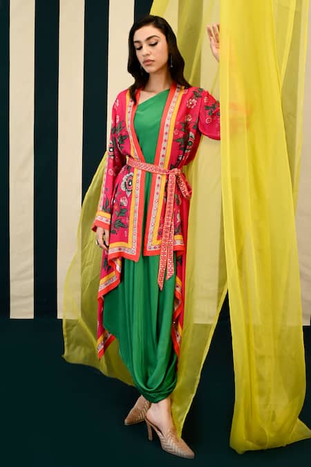 Buy Swati Vijaivargie Pink Lata Printed Cape With Surajmukhi Cowl Draped Dress Set Online at Aza Fashions Buy_Swati Vijaivargie_Pink Lata Printed Cape With Surajmukhi Cowl Draped Dress Set _Online_at_Aza_Fashions