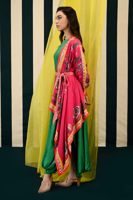 Shop Swati Vijaivargie Pink Lata Printed Cape With Surajmukhi Cowl Draped Dress Set Online at Aza Fashions Shop_Swati Vijaivargie_Pink Lata Printed Cape With Surajmukhi Cowl Draped Dress Set _Online_at_Aza_Fashions