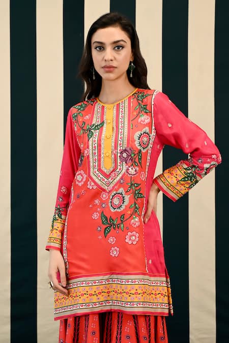 Buy Swati Vijaivargie Red Kurta And Sharara Silk Embroidery Laila Blossom Magic Print Set Online at Aza Fashions Buy_Swati Vijaivargie_Red Kurta And Sharara Silk Embroidery Laila Blossom Magic Print Set _Online_at_Aza_Fashions