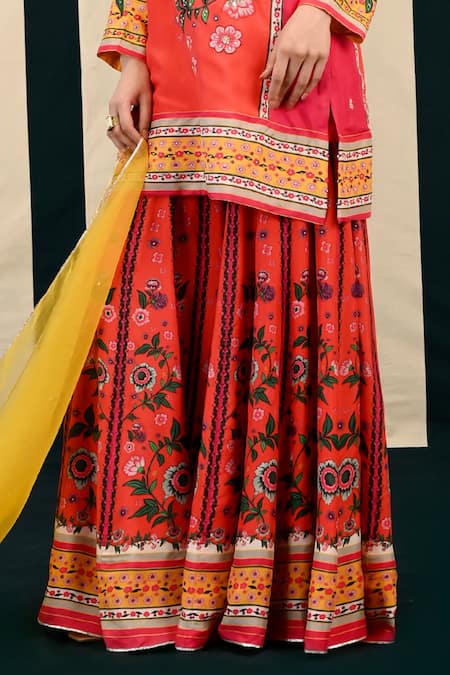 Swati Vijaivargie Red Kurta And Sharara Silk Embroidery Laila Blossom Magic Print Set at Aza Fashions Swati Vijaivargie_Red Kurta And Sharara Silk Embroidery Laila Blossom Magic Print Set _at_Aza_Fashions