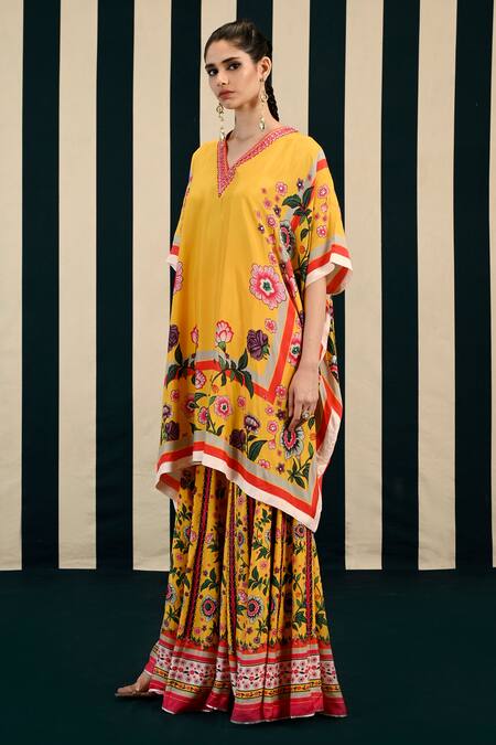 Buy Swati Vijaivargie Yellow Habutai Silk Pansy Buttercup Print Tunic Kurta With Sharara Online at Aza Fashions Buy_Swati Vijaivargie_Yellow Habutai Silk Pansy Buttercup Print Tunic Kurta With Sharara _Online_at_Aza_Fashions