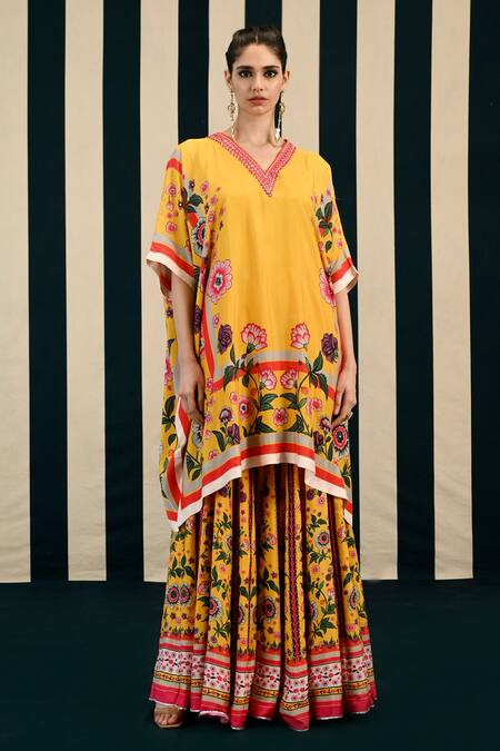 Shop Swati Vijaivargie Yellow Habutai Silk Pansy Buttercup Print Tunic Kurta With Sharara Online at Aza Fashions Shop_Swati Vijaivargie_Yellow Habutai Silk Pansy Buttercup Print Tunic Kurta With Sharara _Online_at_Aza_Fashions