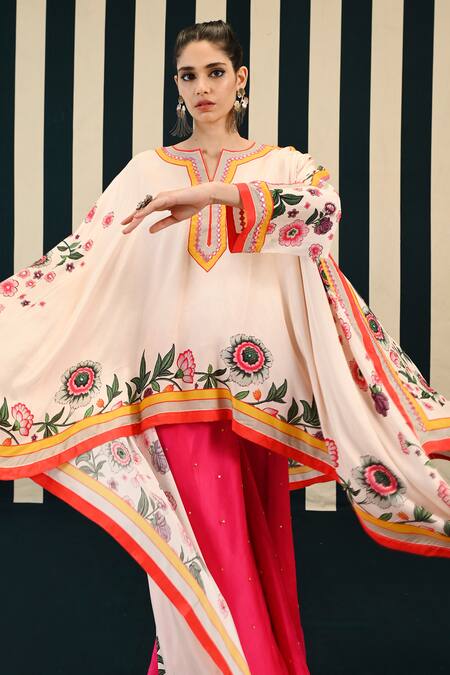 Swati Vijaivargie Ivory Habutai Silk Embroidery Dianthus Bloom Tunic Kurta With Gharara Online at Aza Fashions Swati Vijaivargie_Ivory Habutai Silk Embroidery Dianthus Bloom Tunic Kurta With Gharara _Online_at_Aza_Fashions