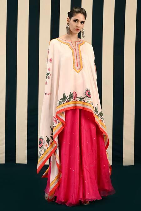 Shop Swati Vijaivargie Ivory Habutai Silk Embroidery Dianthus Bloom Tunic Kurta With Gharara Online at Aza Fashions Shop_Swati Vijaivargie_Ivory Habutai Silk Embroidery Dianthus Bloom Tunic Kurta With Gharara _Online_at_Aza_Fashions