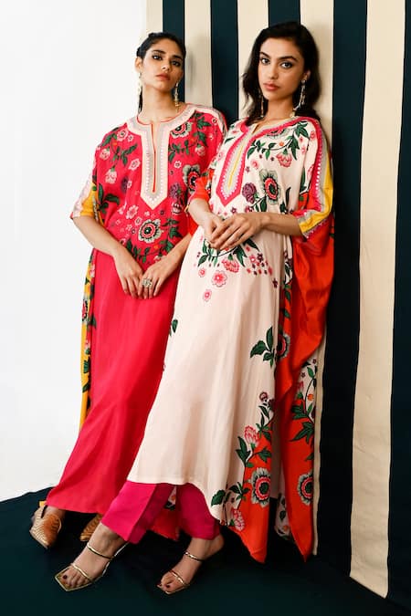 Shop Swati Vijaivargie Ivory Linen, Silk, Satin Mirrors, Kavya Gardenia Print Kaftan With Pant at Aza Fashions Shop_Swati Vijaivargie_Ivory Linen, Silk, Satin Mirrors, Kavya Gardenia Print Kaftan With Pant _at_Aza_Fashions