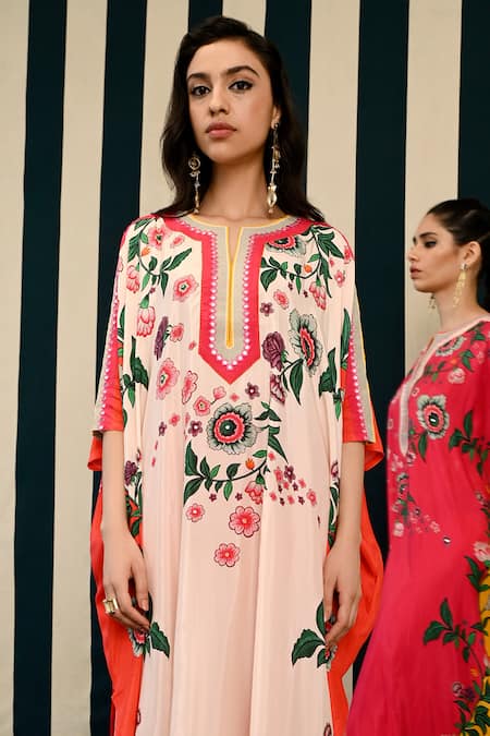 Swati Vijaivargie Ivory Linen, Silk, Satin Mirrors, Kavya Gardenia Print Kaftan With Pant Online at Aza Fashions Swati Vijaivargie_Ivory Linen, Silk, Satin Mirrors, Kavya Gardenia Print Kaftan With Pant _Online_at_Aza_Fashions