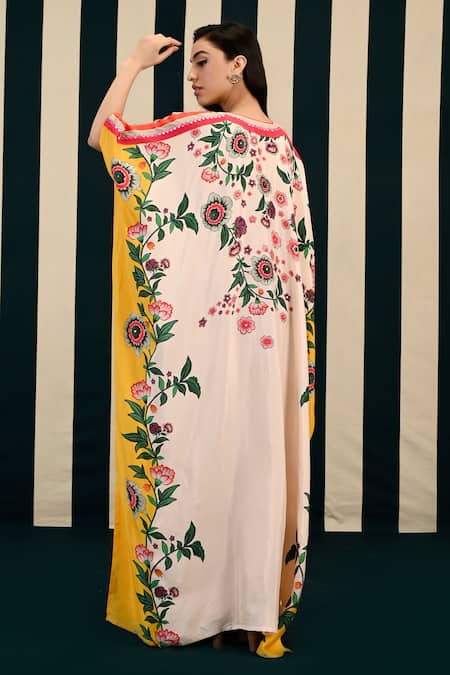 Shop Swati Vijaivargie White Silk Mirrors, Embroidery V-neck Kavya Flowery Print Kaftan at Aza Fashions Shop_Swati Vijaivargie_White Silk Mirrors, Embroidery V-neck Kavya Flowery Print Kaftan _at_Aza_Fashions