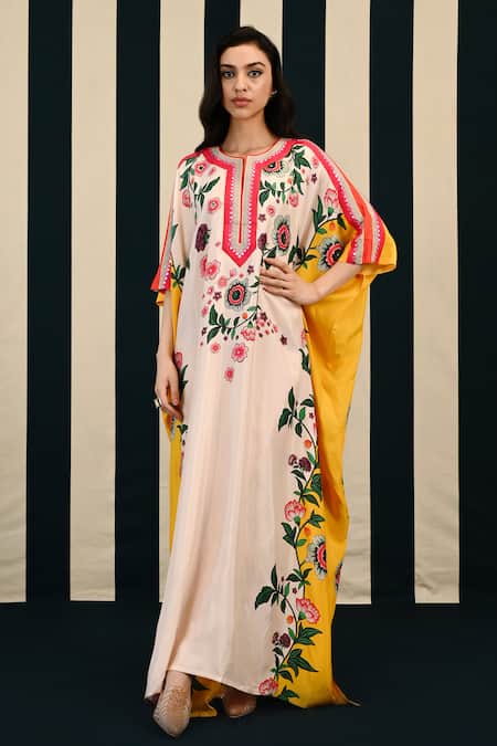 Buy Swati Vijaivargie White Silk Mirrors, Embroidery V-neck Kavya Flowery Print Kaftan Online at Aza Fashions Buy_Swati Vijaivargie_White Silk Mirrors, Embroidery V-neck Kavya Flowery Print Kaftan _Online_at_Aza_Fashions