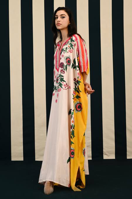 Shop Swati Vijaivargie White Silk Mirrors, Embroidery V-neck Kavya Flowery Print Kaftan Online at Aza Fashions Shop_Swati Vijaivargie_White Silk Mirrors, Embroidery V-neck Kavya Flowery Print Kaftan _Online_at_Aza_Fashions