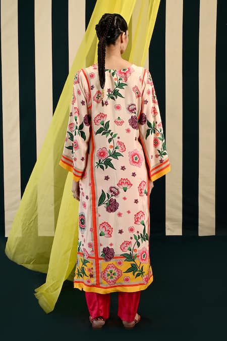 Shop Swati Vijaivargie Ivory Silk Embroidery Mirror V Jhumki Blossom Print Kurta Pant Set at Aza Fashions Shop_Swati Vijaivargie_Ivory Silk Embroidery Mirror V Jhumki Blossom Print Kurta Pant Set _at_Aza_Fashions