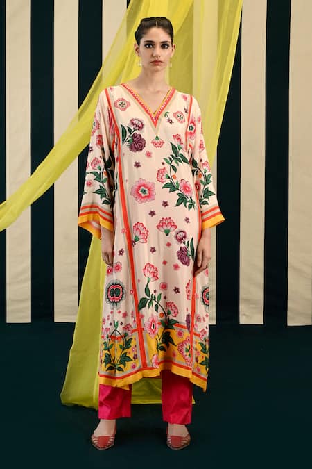 Swati Vijaivargie Ivory Silk Embroidery Mirror V Jhumki Blossom Print Kurta Pant Set Online at Aza Fashions Swati Vijaivargie_Ivory Silk Embroidery Mirror V Jhumki Blossom Print Kurta Pant Set _Online_at_Aza_Fashions