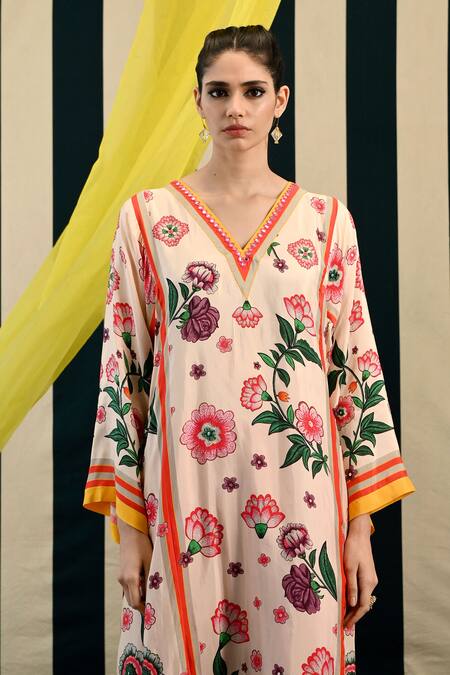 Buy Swati Vijaivargie Ivory Silk Embroidery Mirror V Jhumki Blossom Print Kurta Pant Set Online at Aza Fashions Buy_Swati Vijaivargie_Ivory Silk Embroidery Mirror V Jhumki Blossom Print Kurta Pant Set _Online_at_Aza_Fashions