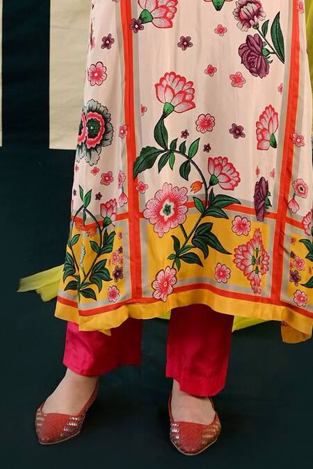 Shop Swati Vijaivargie Ivory Silk Embroidery Mirror V Jhumki Blossom Print Kurta Pant Set Online at Aza Fashions Shop_Swati Vijaivargie_Ivory Silk Embroidery Mirror V Jhumki Blossom Print Kurta Pant Set _Online_at_Aza_Fashions