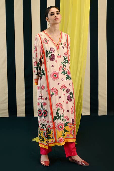 Shop_Swati Vijaivargie_Ivory Silk Embroidery Mirror V Jhumki Floral Print Kurta Pant Set  _Online_at_Aza_Fashions