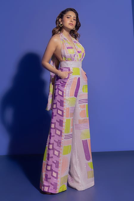 Buy_Nirmooha_Multi Color Lurex Geometric Pattern Plunge Neck Print Jumpsuit 