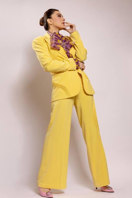 Shop_Nirmooha_Yellow Microfiber Embroidery Linear Cording Detail Flared Pant 