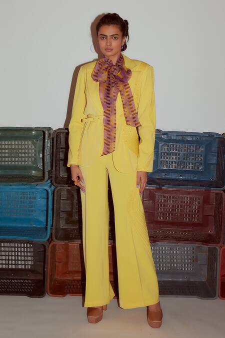 Buy_Nirmooha_Yellow Microfiber Embroidery Linear Cording Detail Flared Pant 