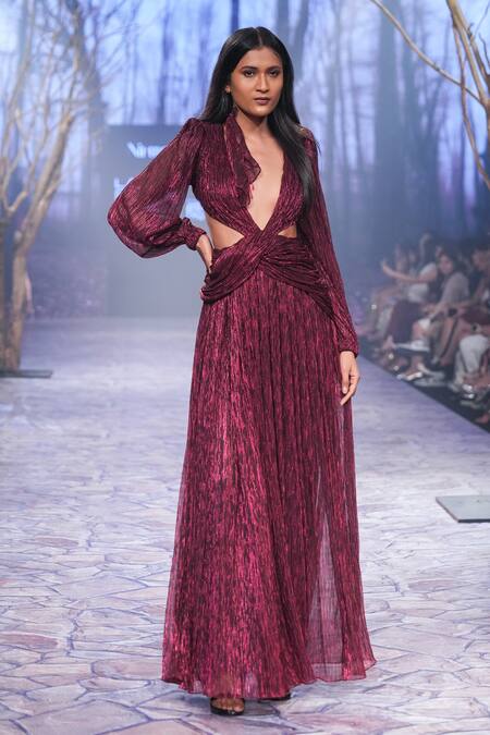 Shop Nirmooha Purple Plunge Neck Metallic Draped Gown Shop_Nirmooha_Purple Plunge Neck Metallic Draped Gown