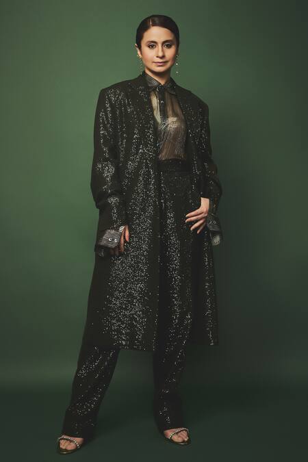 Shop_Nirmooha_Emerald Green Silk Sequins Embroidered Long Jacket _at_Aza_Fashions