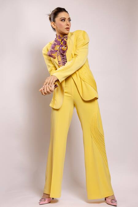 Nirmooha_Yellow Microfiber Collared Cording Detail Blazer _at_Aza_Fashions
