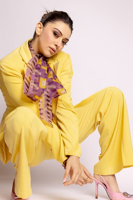 Buy_Nirmooha_Yellow Microfiber Collared Cording Detail Blazer 