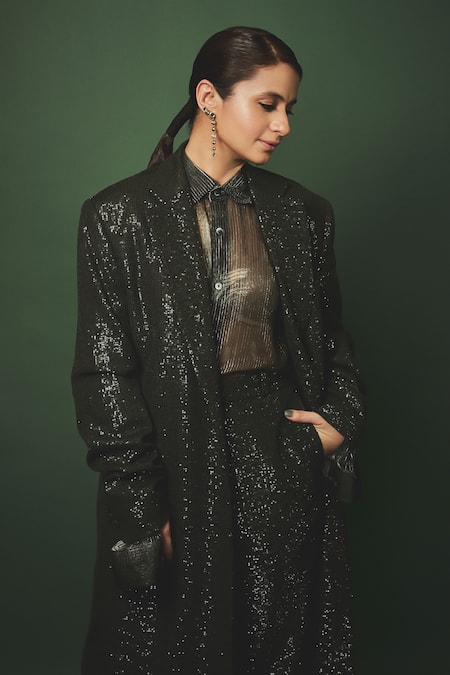 Nirmooha Green Silk Sequins Embroidered Trouser at Aza Fashions Nirmooha_Green Silk Sequins Embroidered Trouser _at_Aza_Fashions